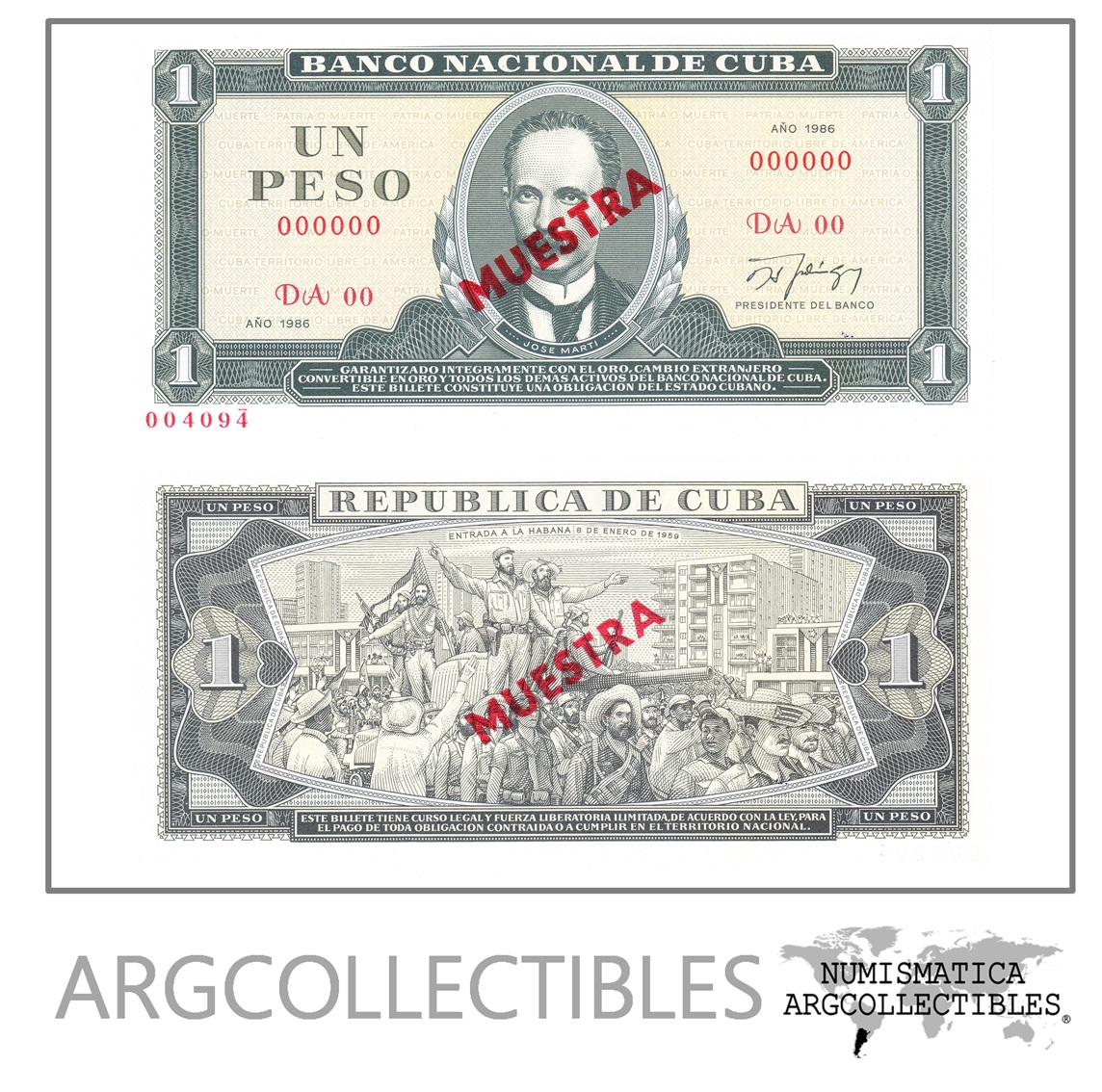 Cuba Billete 1 Peso Año 1986 P-102s Specimen Condicion Unc