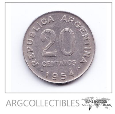 Argentina Moneda 20 Centavos Acero Enchapado 1954 Vf+ Xf
