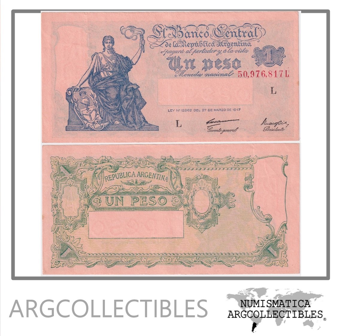 Argentina Billete 1 Peso 1948 P-257/BOT-1835 XF+ Serie L