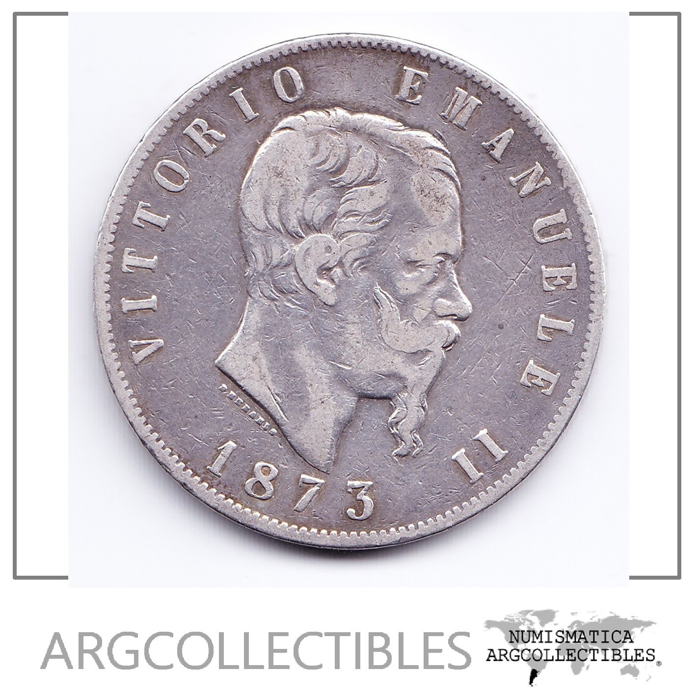 Italia Moneda 5 Liras 1873 M BN Plata 900 Vitorio Emanuelle II KM-8.3 VF