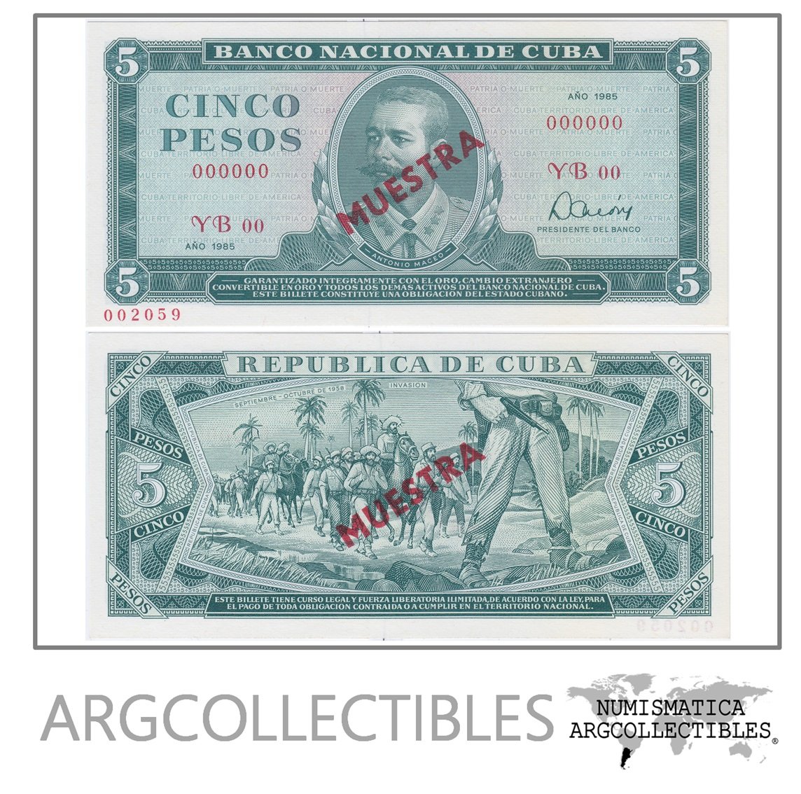 Cuba Billete 5 Pesos Año 1985 P-103s Specimen Unc
