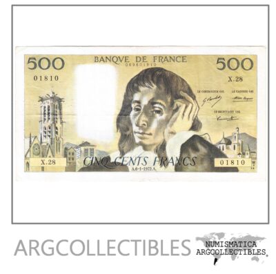 Francia Billete 500 Francos 1972 Blaise Pascal P-156b Vf+ (HUECOS)