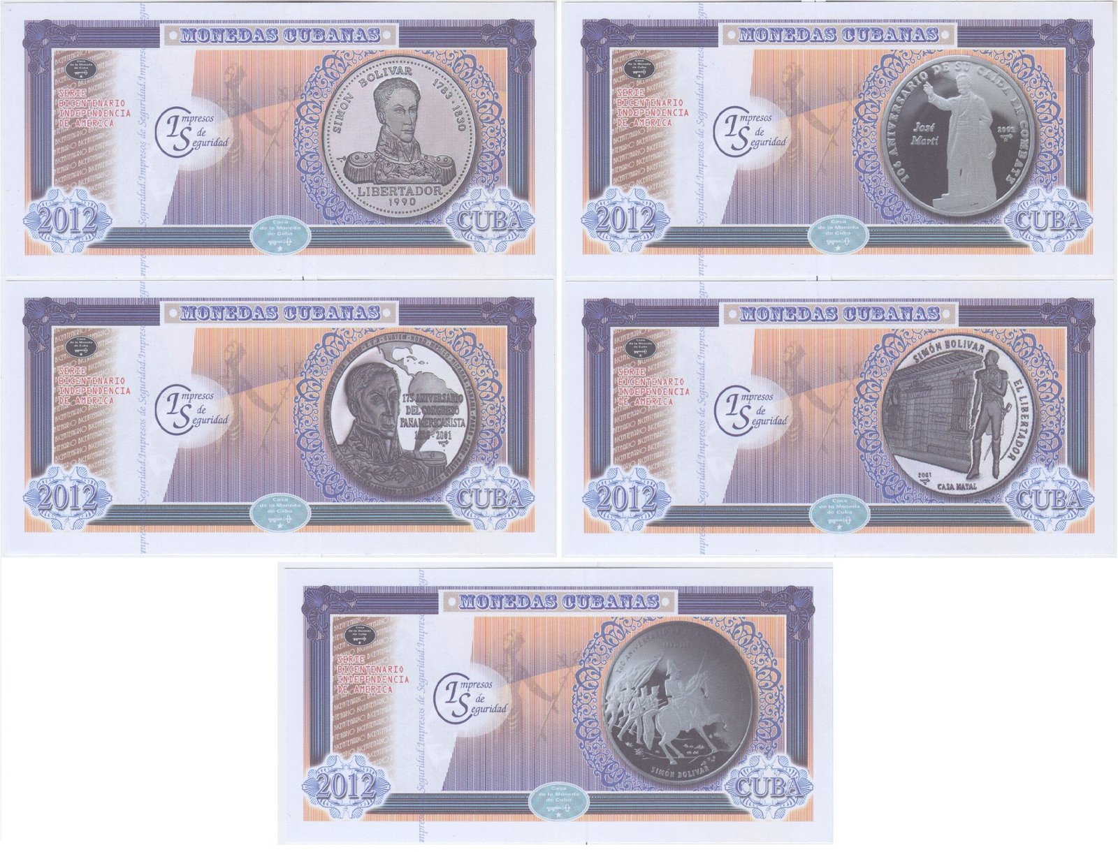 Cuba Set 5 Billetes 2012 Bicentenario e Inpendencia Unc - Imagen 2