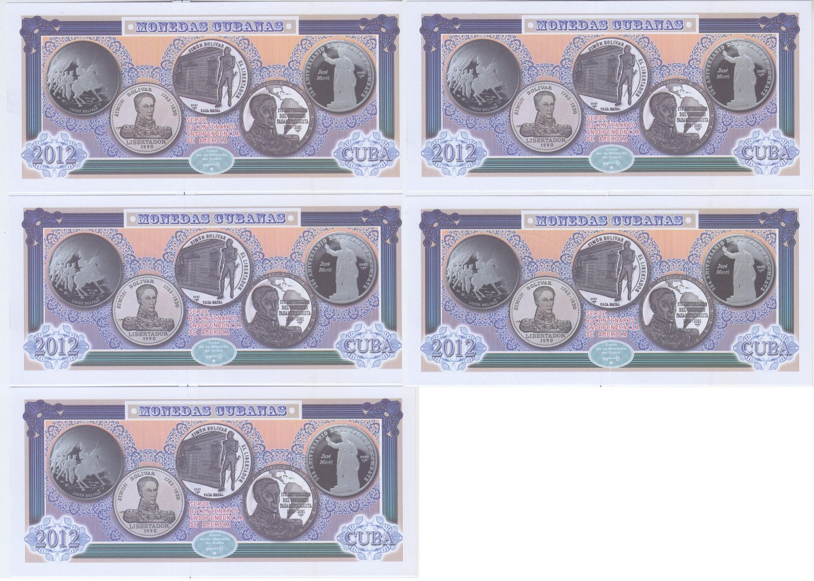 Cuba Set 5 Billetes 2012 Bicentenario e Inpendencia Unc - Imagen 3