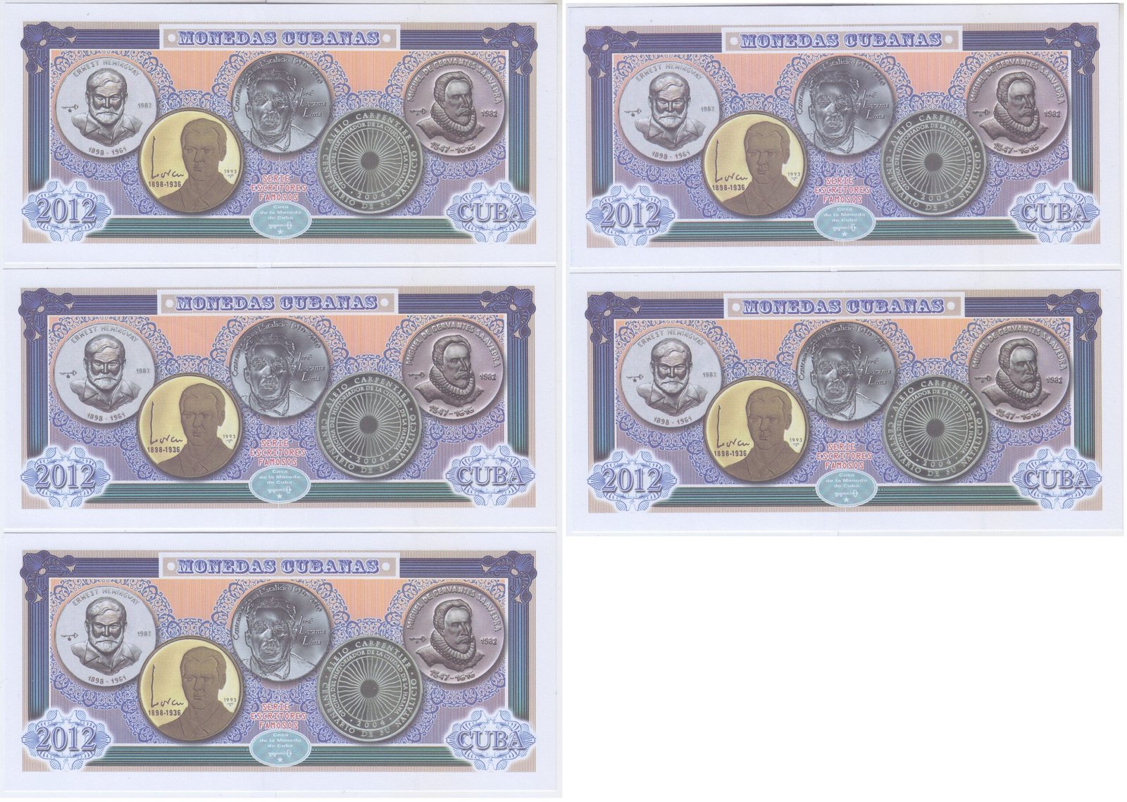 Cuba Set 5 Billetes Año 2012 Escritores Famosos Unc - Imagen 3