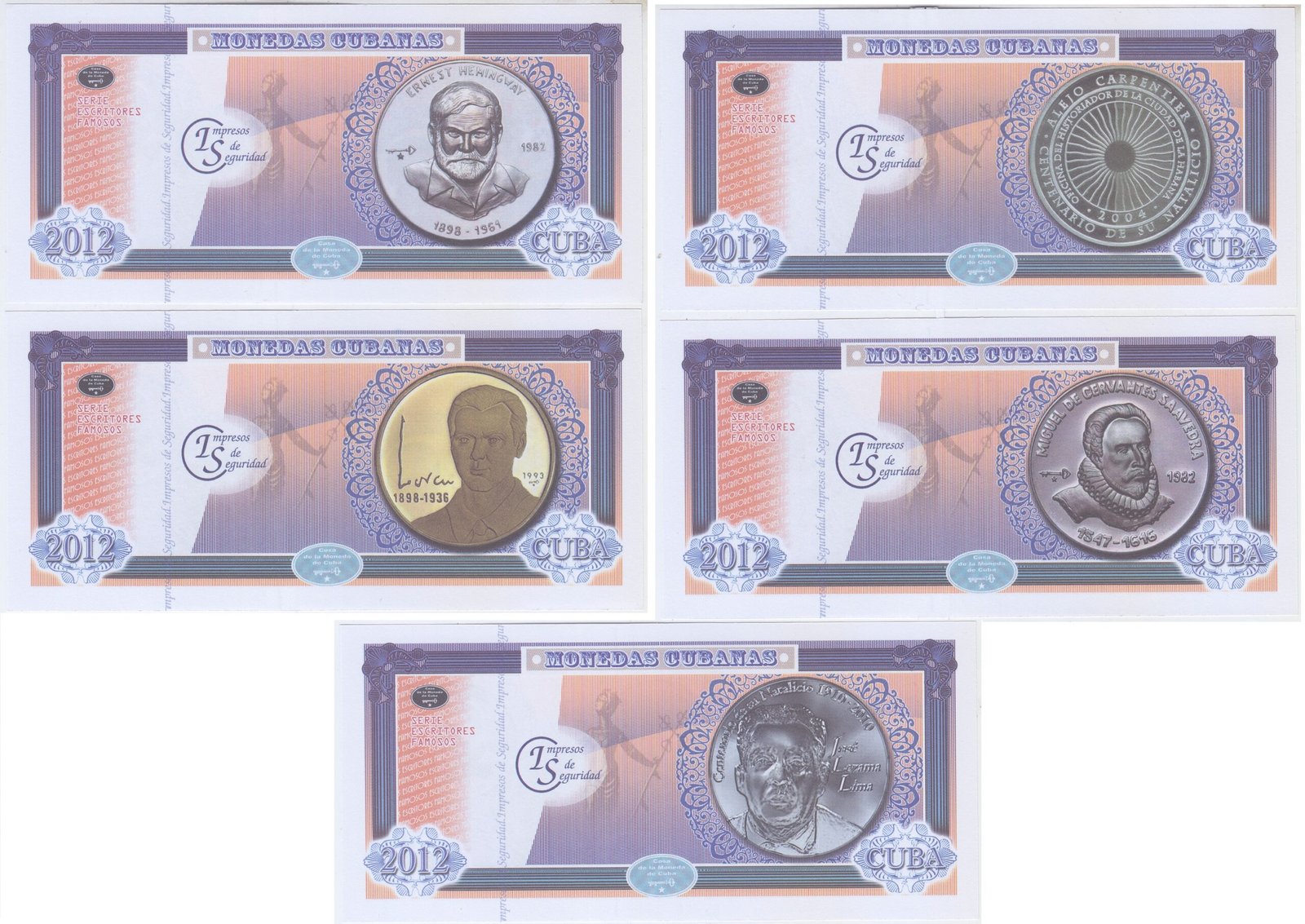 Cuba Set 5 Billetes Año 2012 Escritores Famosos Unc - Imagen 2
