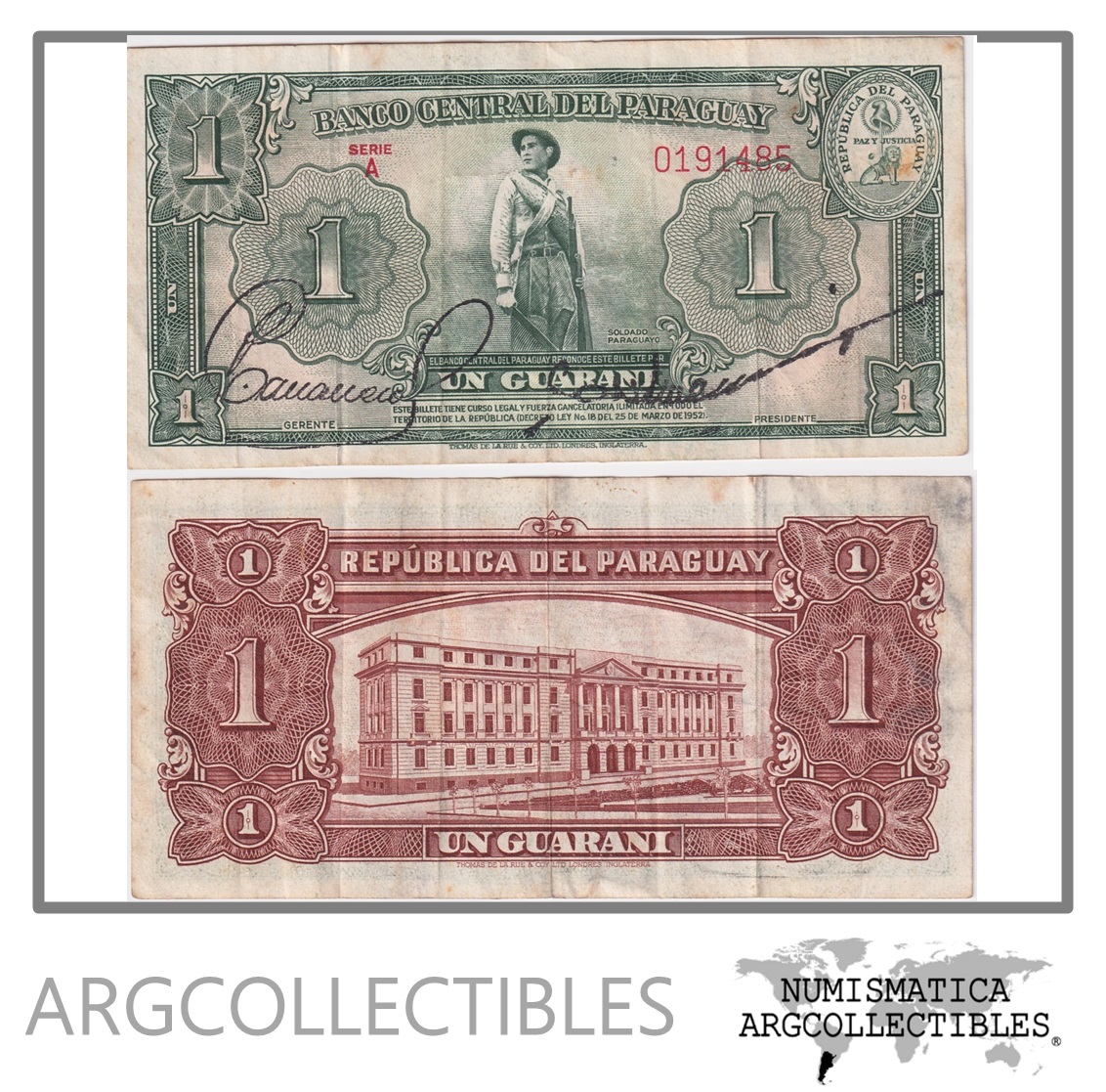 Paraguay Billete 1 Guarani 1952 P-185a Firmas Caballero Mendez Vf+