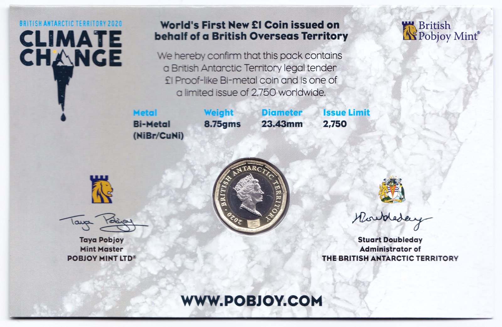 Territorios Antarticos Britanicos Moneda 1 Pound Bimetalica 2020 Cambio Climatico Proof - Imagen 2