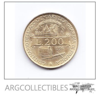 Italia Moneda 200 Liras Bronce 1996  100 Aniversario Academia Aduanera Km-184 Unc