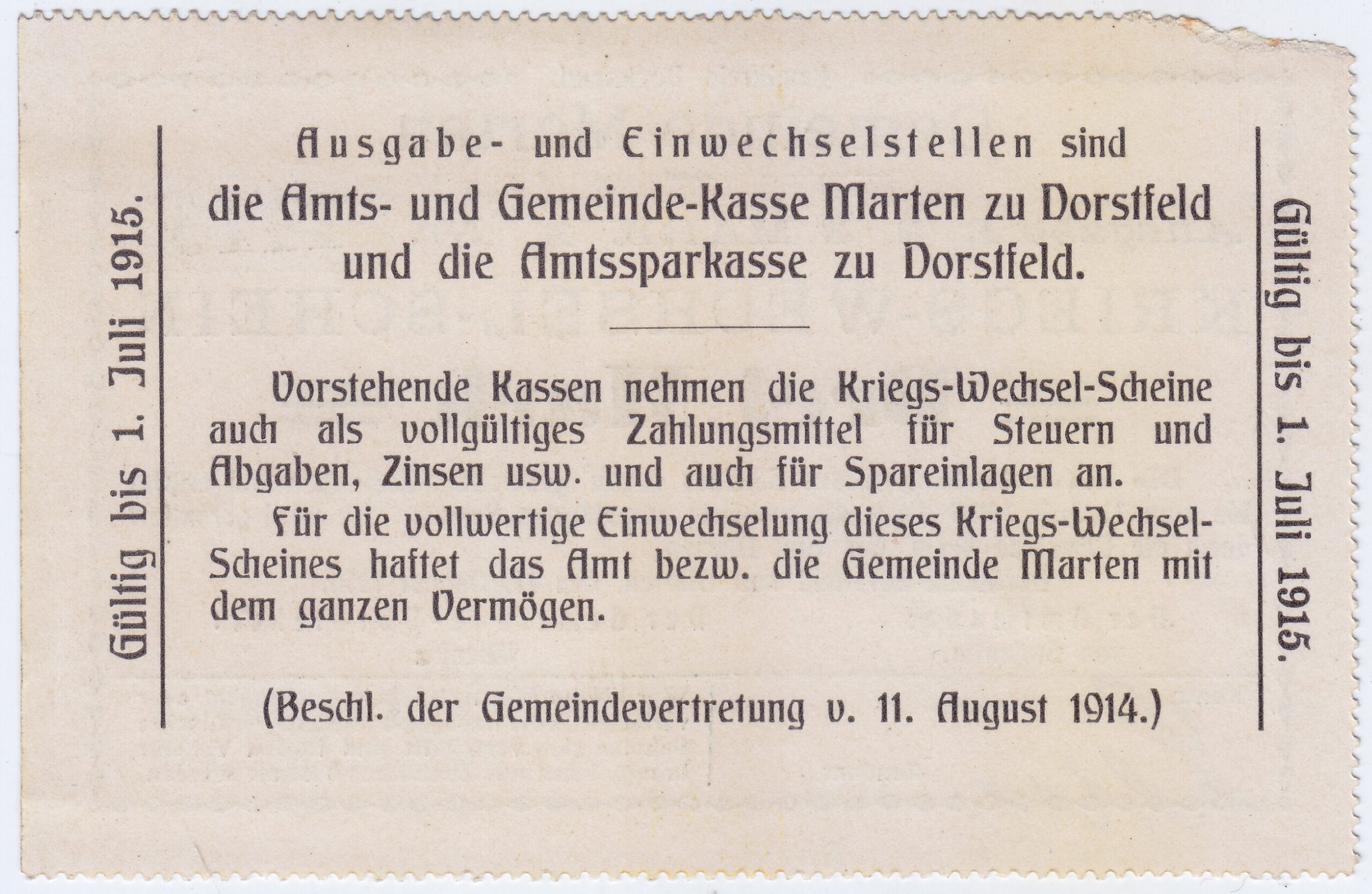 Alemania Billete 3 Marcos Notgeld 1914 Ciudad Marten Dortmund 1ra Guerra Mundial UNC - Imagen 2