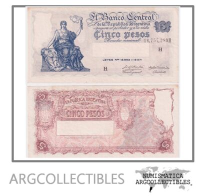 Argentina Billete 5 Pesos 1956 P-264d/BOT-1871 XF+ (Serie H)