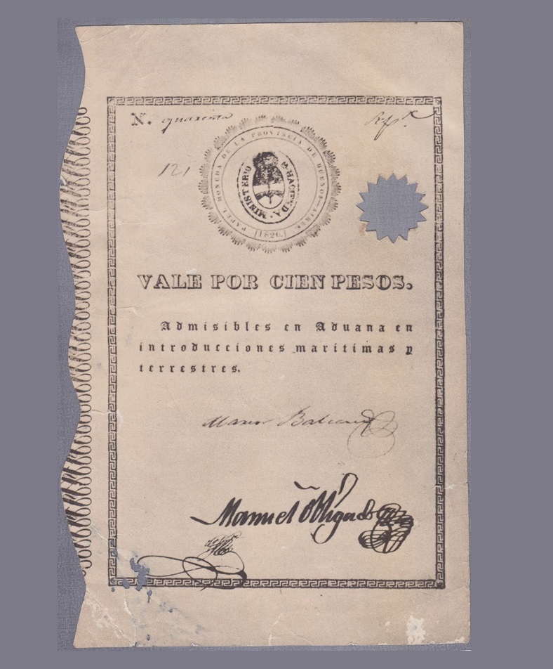 Primer Billete Argentina 100 Pesos 1826 Vale Aduana (Antigua Copia Tamaño Real) - Imagen 2