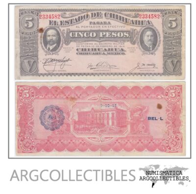 Mexico Billete 5 Pesos Año 1915 Chihuahua P-S-532 Vf