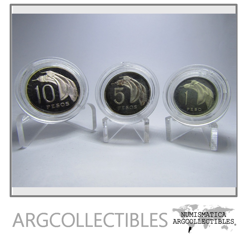 Uruguay Set de 3 Moneda 1, 5, 10 Pesos 1969 Ensayos en Plata 900, PN-87, 89, 91 Proof