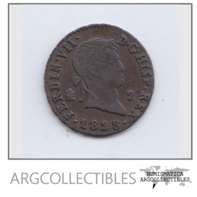 España Moneda 2 Maravedis 1828 Segovia Cobre Fernando VII KM-487.1 XF+