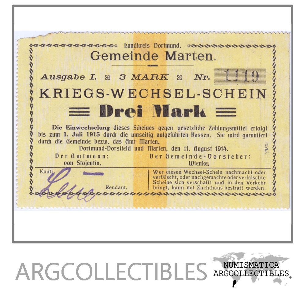 Alemania Billete 3 Marcos Notgeld 1914 Ciudad Marten Dortmund 1ra Guerra Mundial UNC