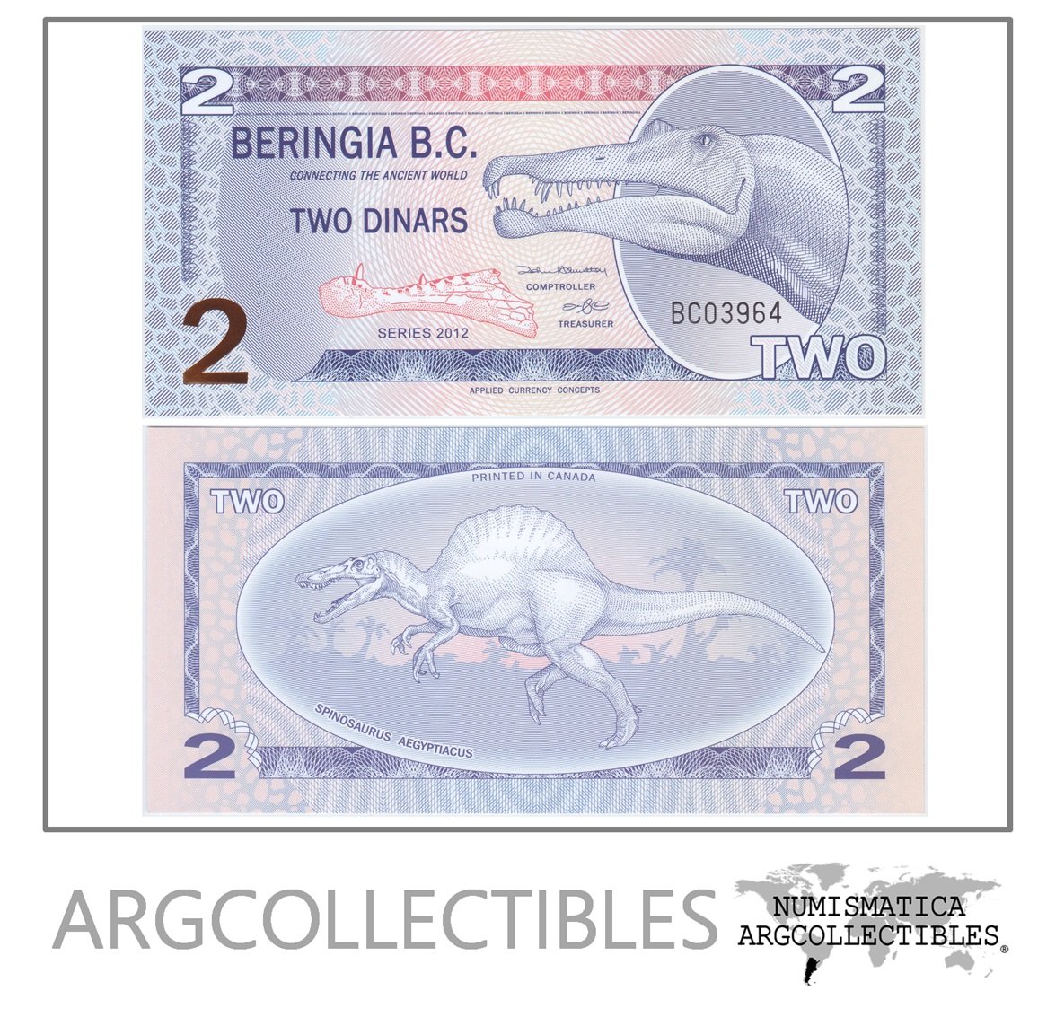 Beringia Billete 2 Dinars 2012 Dinosaurio Unc