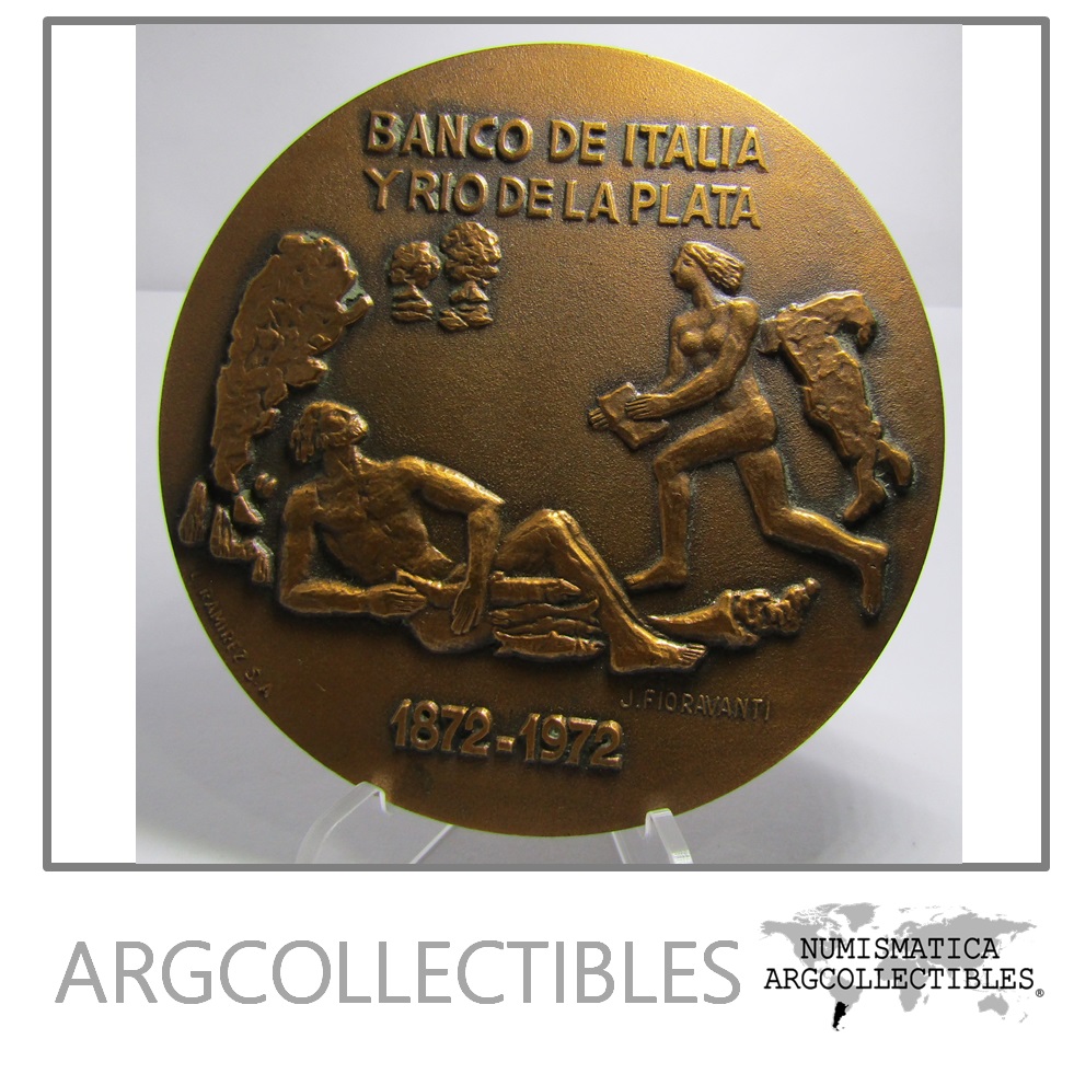 Argentina Medalla (1872-1972) 1er Centenario de Banco de Italia y Rio de la Plata Cobre, Grabado J. Fioravanti