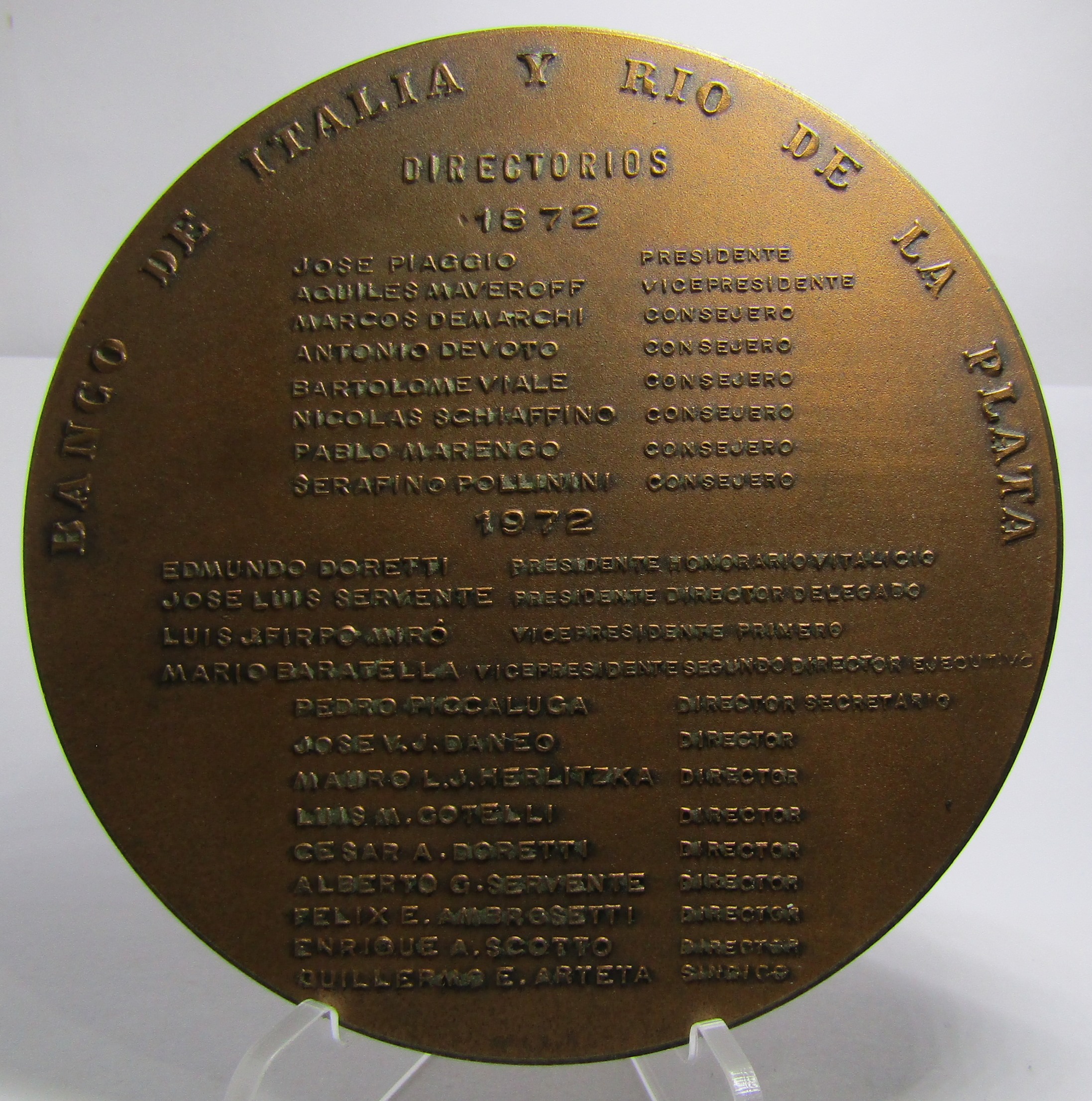 Argentina Medalla (1872-1972) 1er Centenario de Banco de Italia y Rio de la Plata Cobre, Grabado J. Fioravanti - Imagen 2