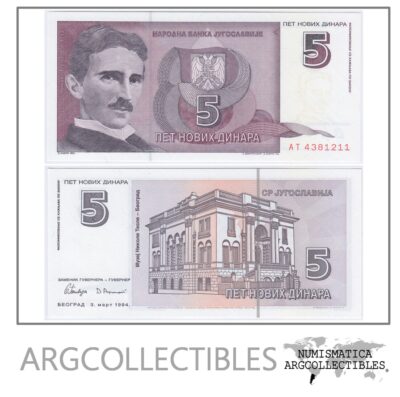 Yugoslavia Billete 5 Dinara Año 1994 P-148 Nikola Tesla Unc
