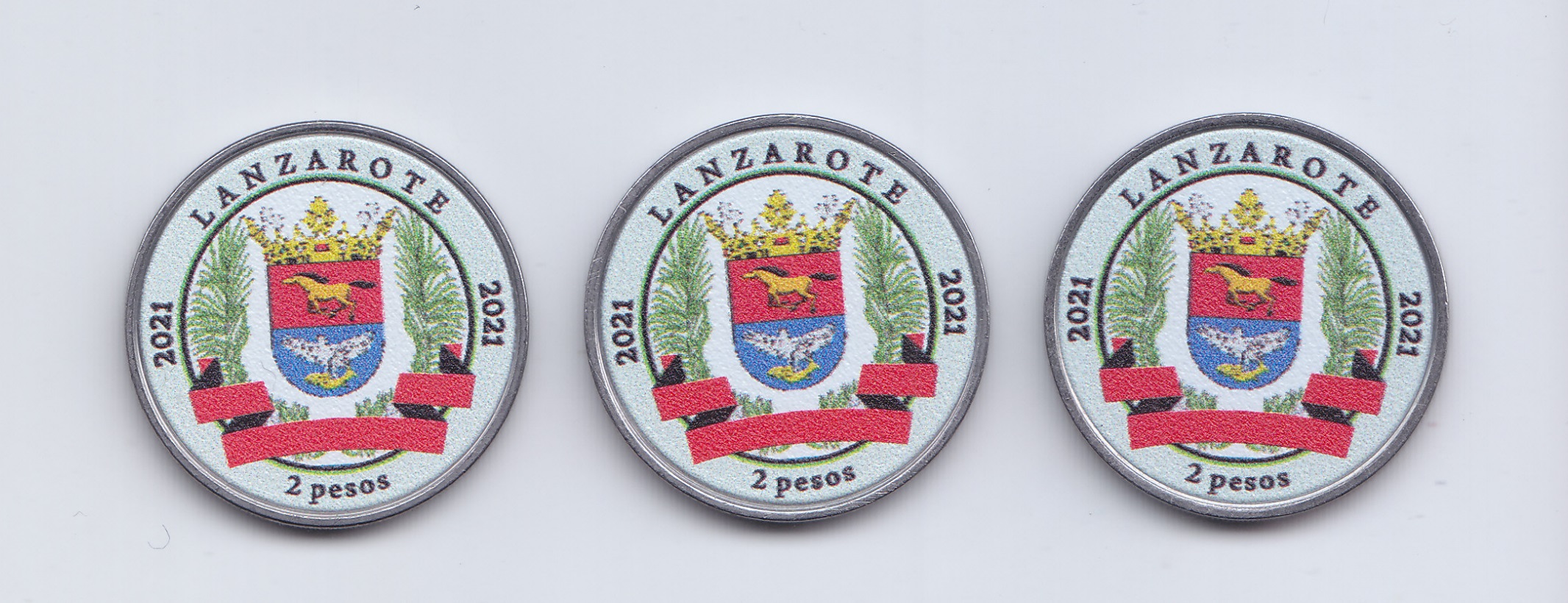 Lanzarote España Set 3 Monedas 2 Pesos 2021 Caballos Color Unc - Imagen 2