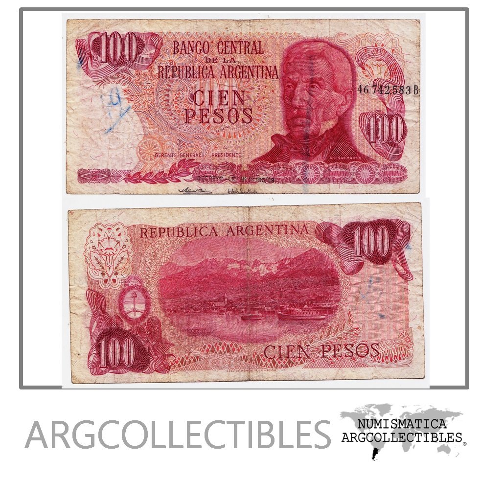 Argentina Billete 100 Pesos Ley 1974 P-297 Error Impresion de Serial y Firmas VF-