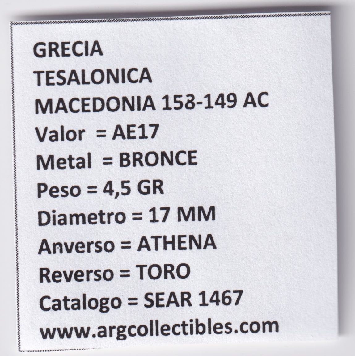 Grecia Moneda AE17 Tesalonica Macedonia 158-149 a.C. Bronce Athena y Toro Sear-1467 GM1 - Imagen 3