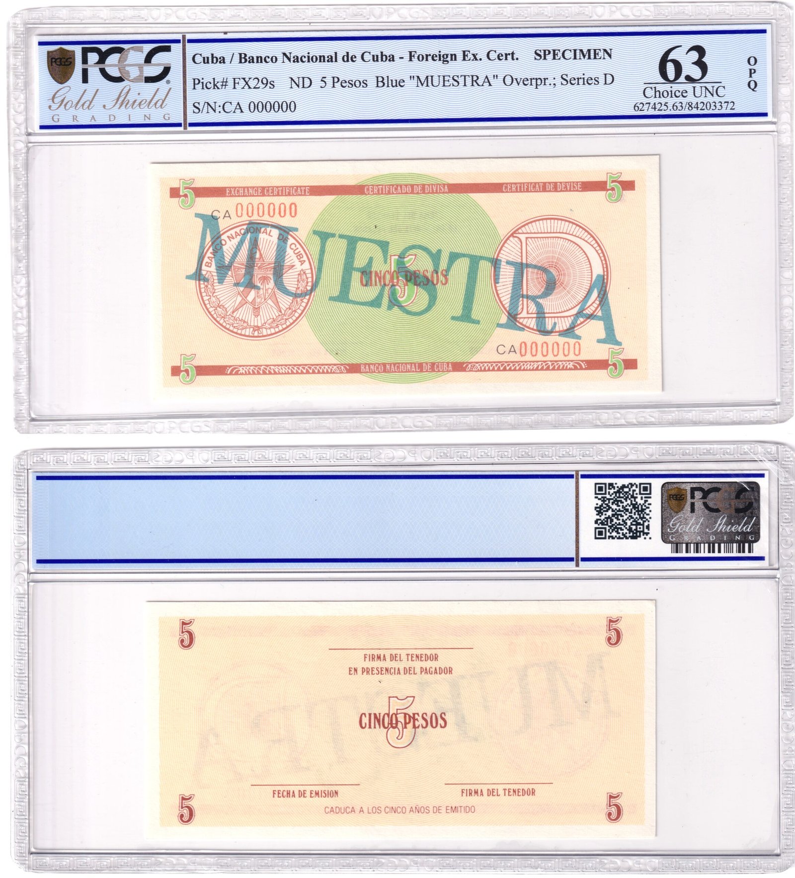 Cuba Set de 5 Billetes Specimen Certificados 1985 P-fx27 a 31 Serie D Bolas AU/UNC - Imagen 4