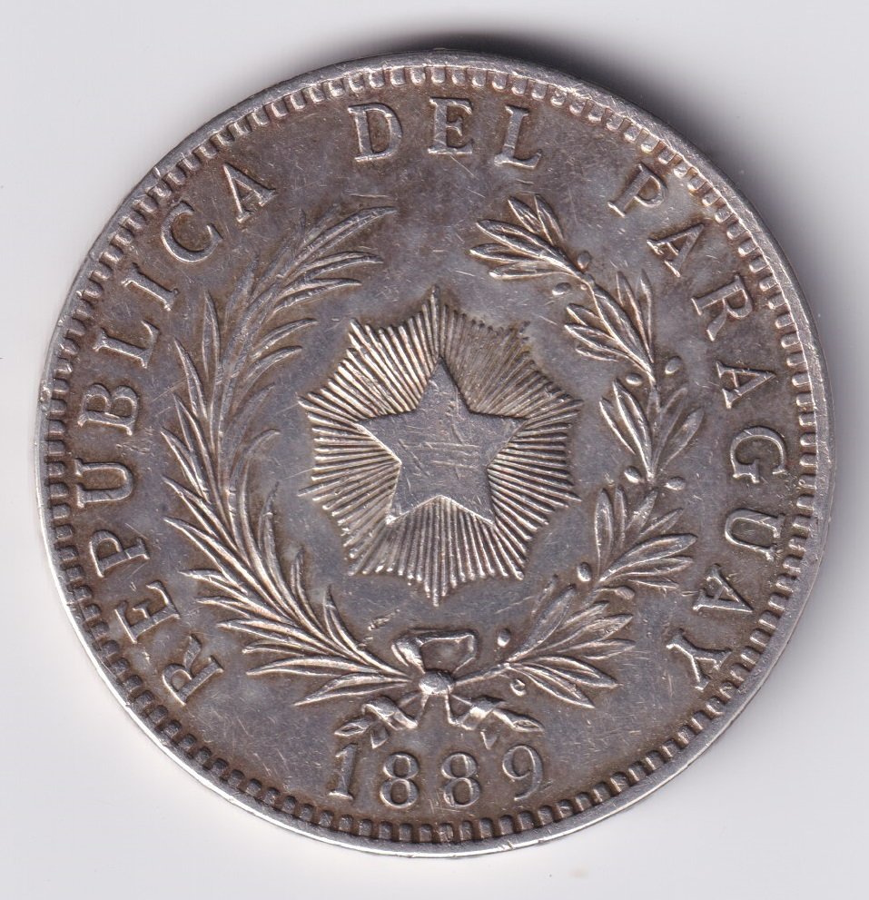 Paraguay Moneda 1 Peso 1889 Plata 900 "Paz y Justicia" XF - Imagen 2