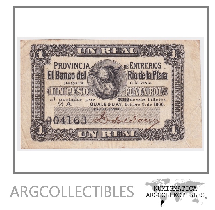 Argentina Billete 1 Peso Plata Boliviana 1868 Entre Rios P-S-1832 (Bauman ENR-141a) VF+