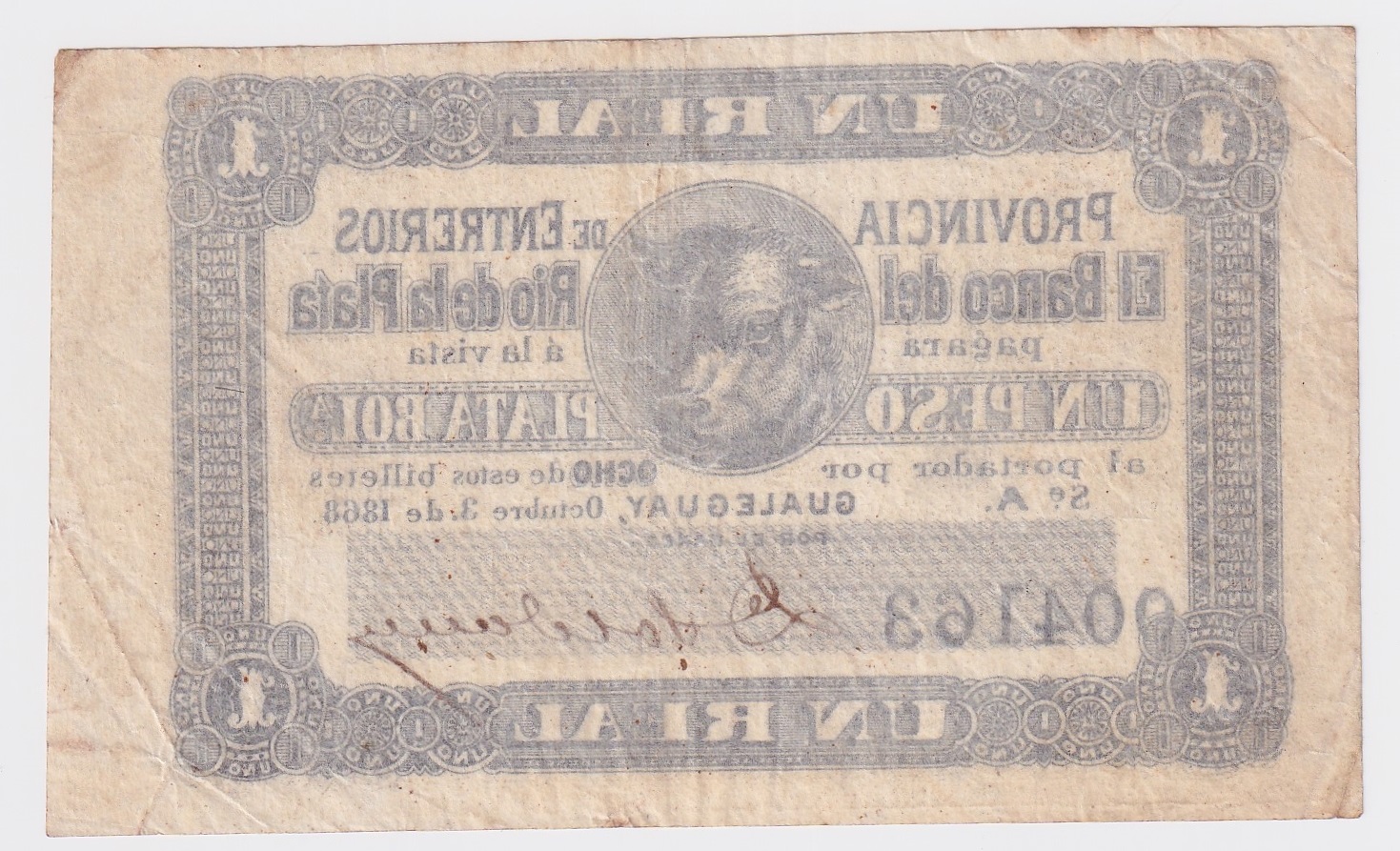 Argentina Billete 1 Peso Plata Boliviana 1868 Entre Rios P-S-1832 (Bauman ENR-141a) VF+ - Imagen 2