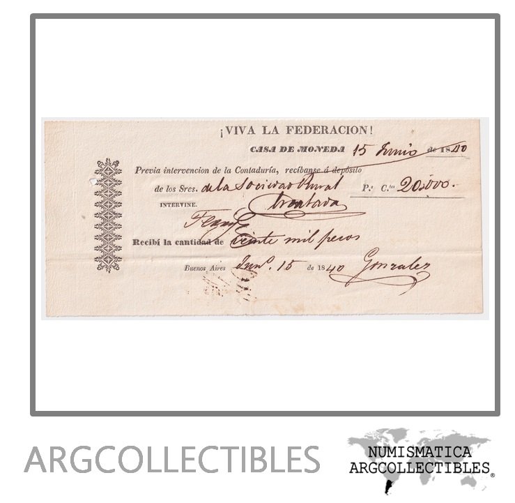 Argentina Billete 20.000 Pesos 1840 Cheque Soc Rural Casa de la Moneda