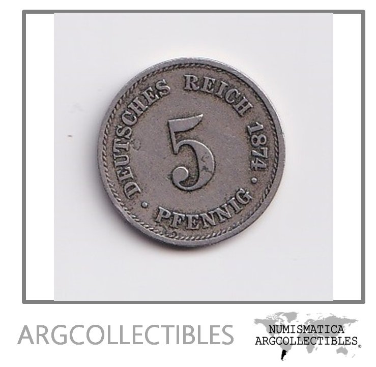 Alemania Moneda 5 Pfennig 1874 B Niquel Imperio Km3 VF