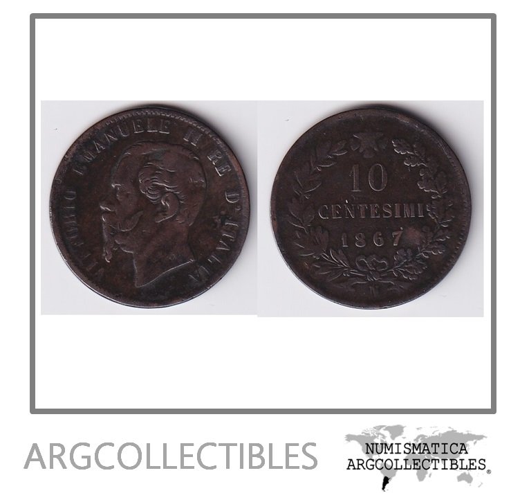 Italia Moneda 10 Centimos 1867 N Cobre KM-11-4 VF