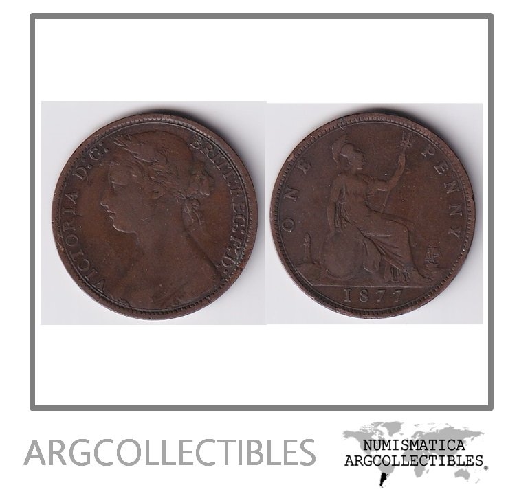 Inglaterra Moneda 1 Penny 1877 Bronce Reina Victoria KM-755 VF