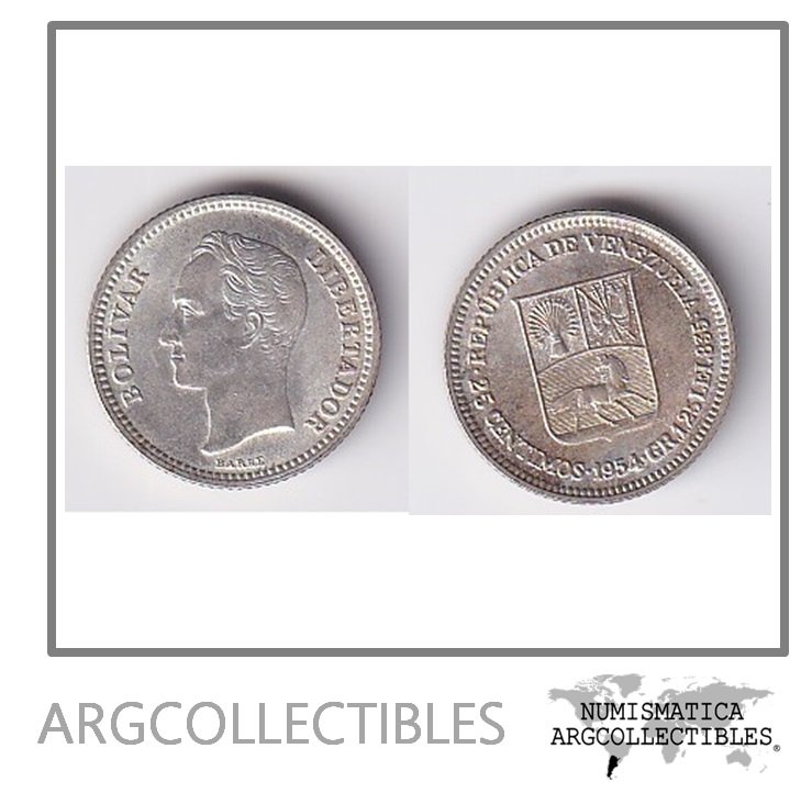 Venezuela Moneda 25 Centavos 1954 Plata 835 KM-Y-35 AU