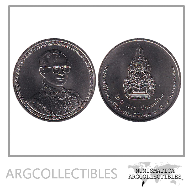 Tailandia Moneda 20 Baht 2006 Niquel Km-407 60 Aniv Reinado Rey Rama IX UNC
