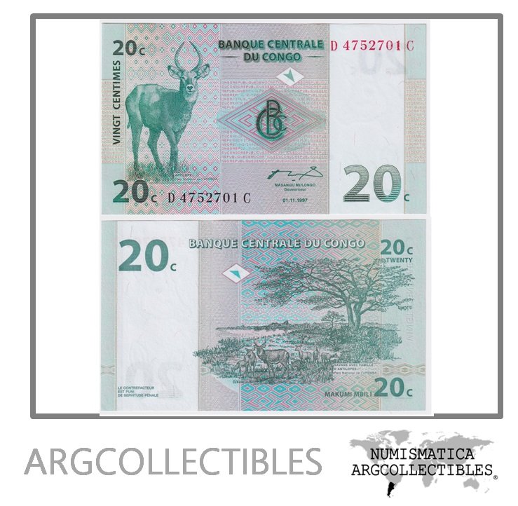 Congo Billete 20 Centavos 1997 P-83 UNC