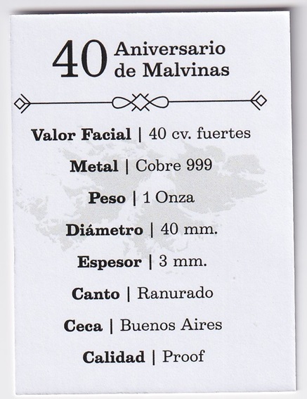 Argentina Moneda 40 Centavos Fuertes 2022 /Cobre 999 1 Onza / 40 Aniversario Malvinas Proof - Imagen 2