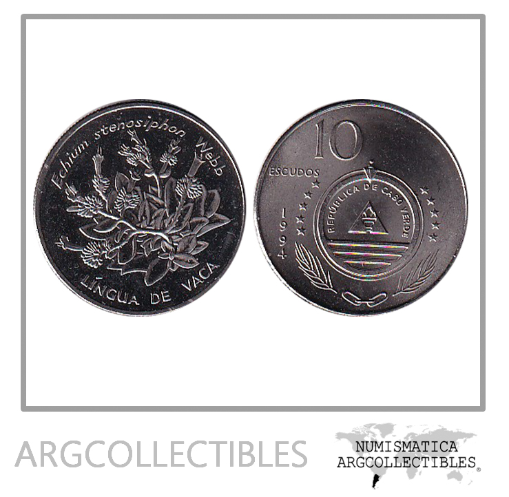 Cabo Verde Moneda 10 Escudos 1994 Acero Km-32 Lingua de Vaca Plantas UNC