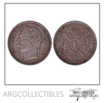 Francia (Strasburg) Moneda 5 Francos 1870 BB Plata 900 Napoleon III Km-799.2 XF