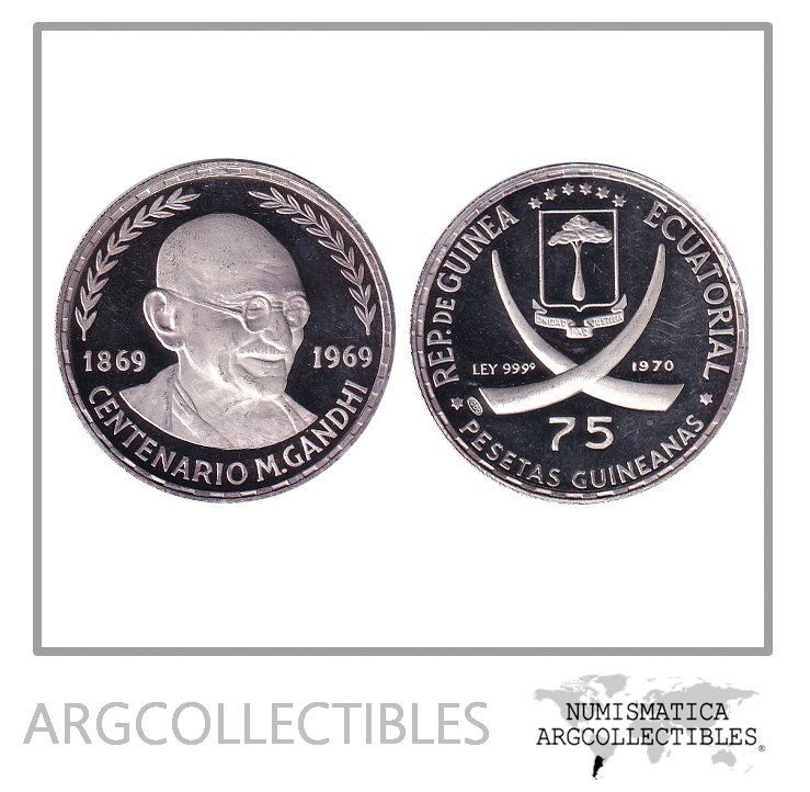 Guinea Ecuatorial Moneda 75 Pesetas 1970 Plata 999 Centenario Gandhi Km-11 Proof