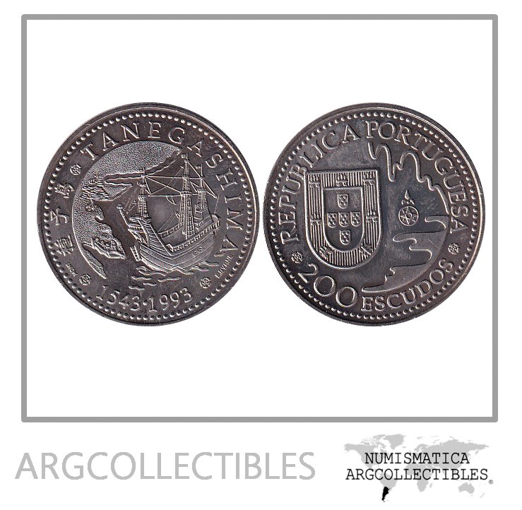 Portugal Moneda 200 Escudos 1993 Niquel KM-665 450 Aniv Desembarco Tenegashima UNC