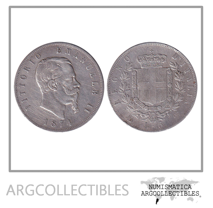 Italia Moneda 5 Liras 1874 MBN Plata Vitorio Emanuele II Km-8.3 VF