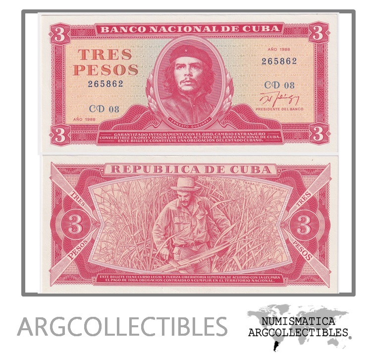 Cuba Billete 3 Pesos 1988 P-107 UNC (Che Guevara)