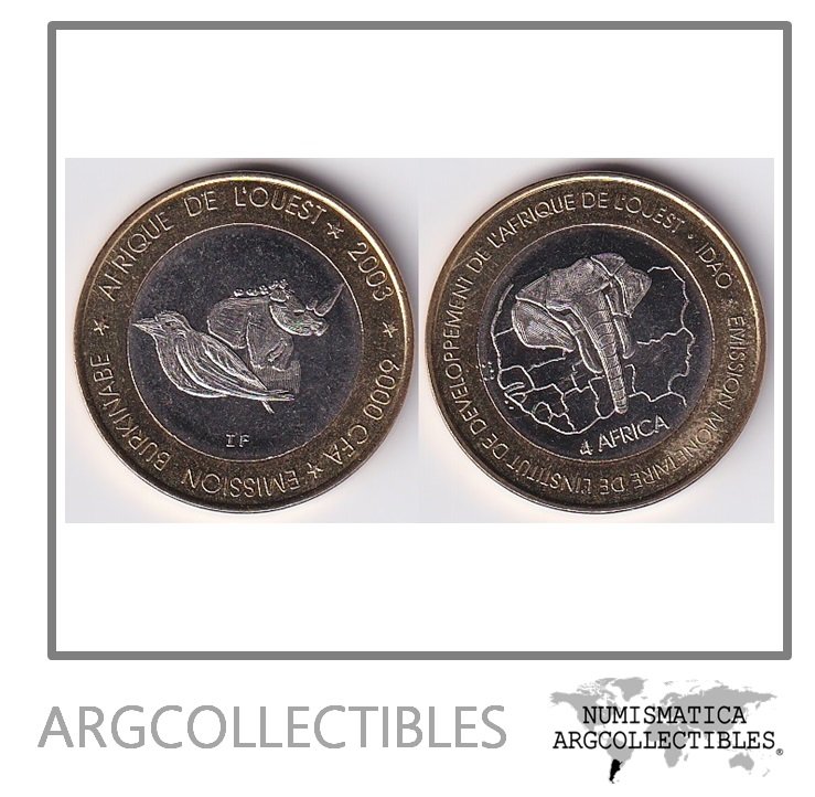 Burkina Faso Moneda 6.000 Francos 2003 Rinoceronte y Pajaro Bimetalica UNC