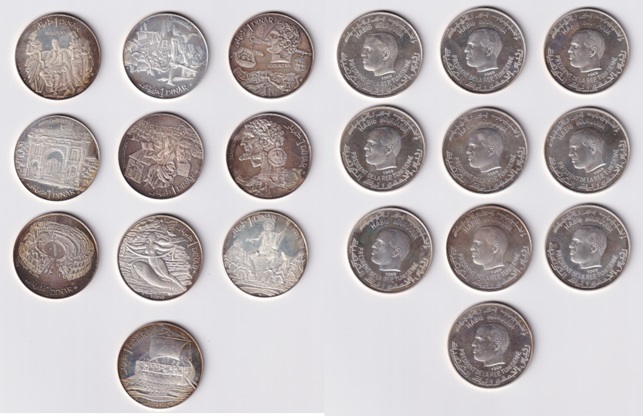 Tunez Set x 10 Monedas 1 Dinar 1969 Plata 925 194 GRAMOS P-S-3 KM-292/301 Proof - Imagen 2