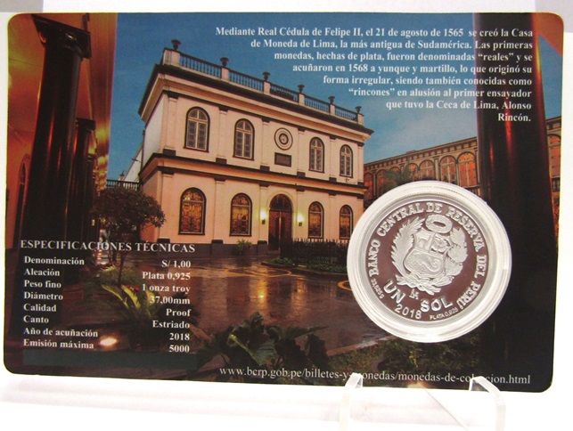 Peru Blister 1 Sol 2018 450 Aniversario 1era Moneda Acuñada Ceca Lima Plata 925-1 Onza KM-414 Proof - Imagen 2