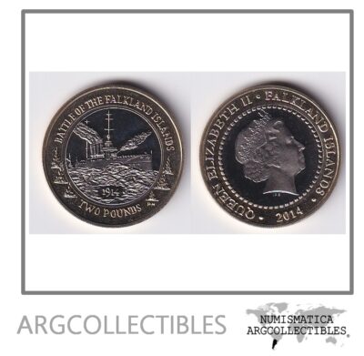 Malvinas Falklands Moneda 2 Pounds 2014 Batalla de Malvinas 100th Aniversario Bimetalica UNC