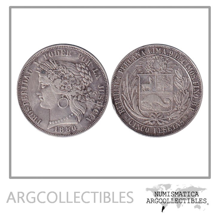 Peru Moneda 5 Pesetas 1880 Plata 900 KM-201.2 VF+